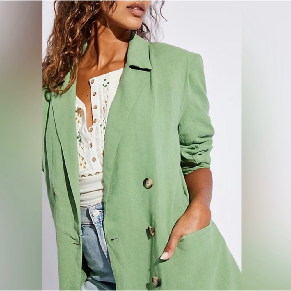 Free People Light Green Double-Breasted Blazer